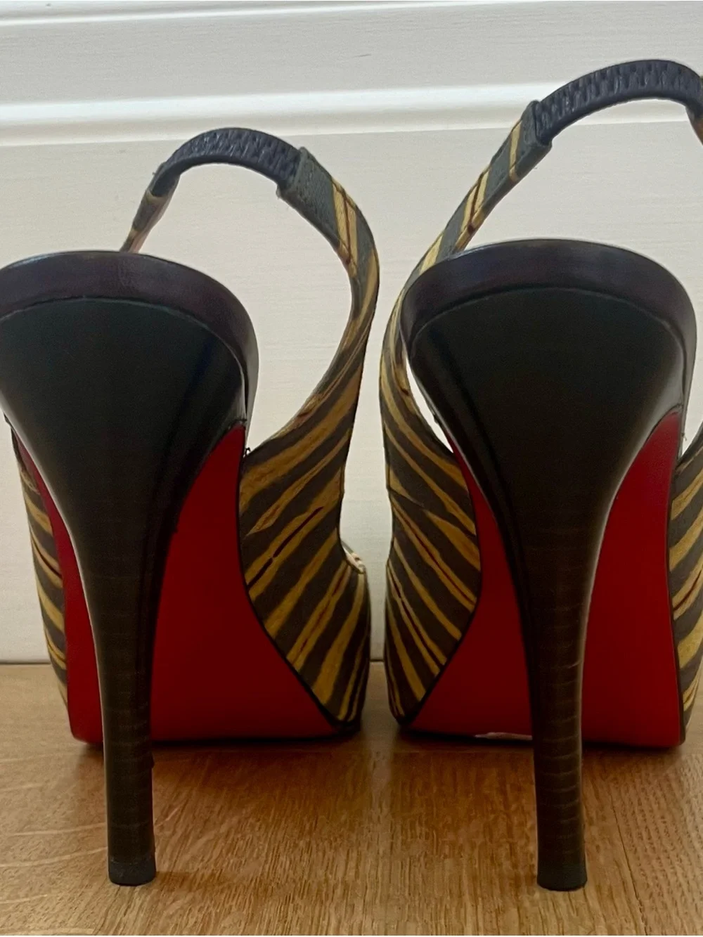 Christian Louboutin Striped Multicolor Peep-Toe Slingback Heels Size US 7/EU 37